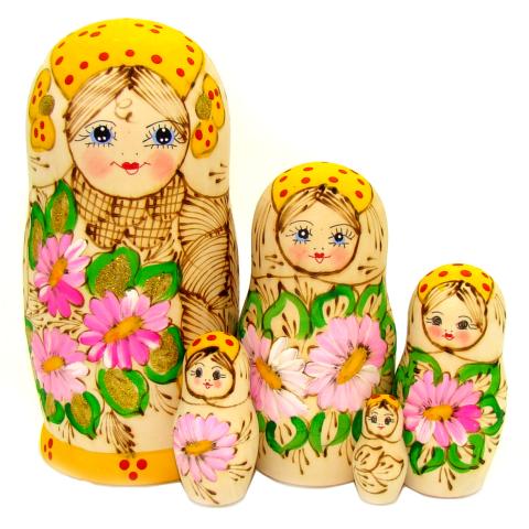 Matriochkas pyrogravées Marguerite jaune