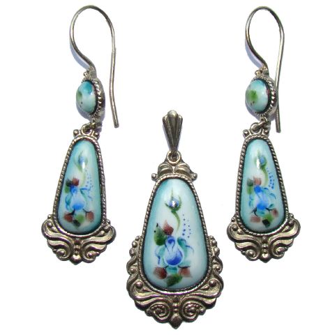 Parure en email, Boucles d'oreilles et Pendentif