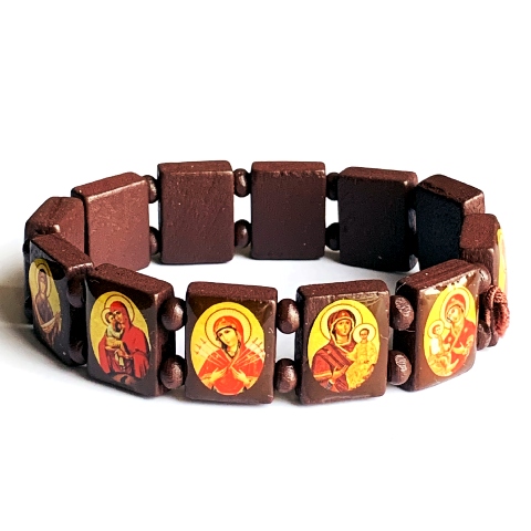 Bracelet religieux russe en bois - Icônes de la Vierge Marie