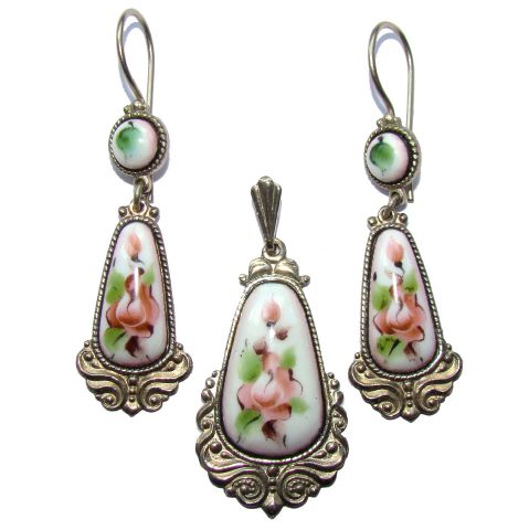 Parure en email, Boucles d'oreilles et Pendentif